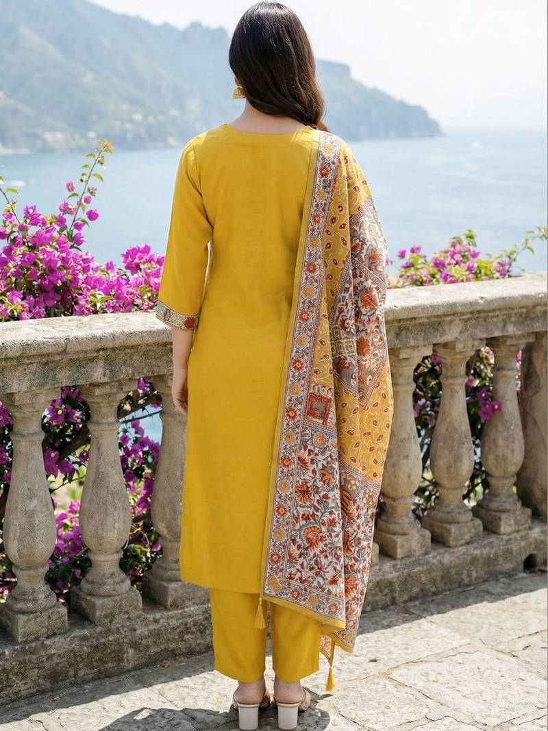 Women Ethnic Motifs Printed Regular Thread Work Kurta with Trousers & With Dupatta