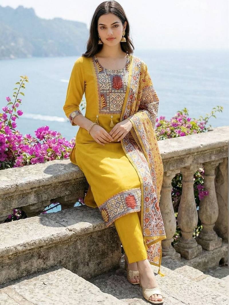 Women Ethnic Motifs Printed Regular Thread Work Kurta with Trousers & With Dupatta