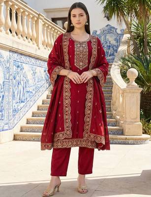 Women Ethnic Motifs Embroidered Regular Thread Work Kurta with Trousers & With Dupatta 1