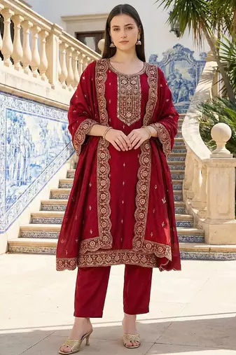 Women Ethnic Motifs Embroidered Regular Thread Work Kurta with Trousers & With Dupatta