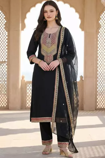 Women Ethnic Motifs Embroidered Regular Thread Work Kurta with Trousers & With Dupatta