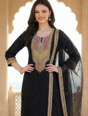 Women Ethnic Motifs Embroidered Regular Thread Work Kurta with Trousers & With Dupatta 4