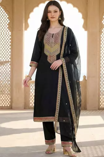Women Ethnic Motifs Embroidered Regular Thread Work Kurta with Trousers & With Dupatta