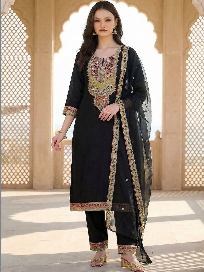 Women Ethnic Motifs Embroidered Regular Thread Work Kurta with Trousers & With Dupatta