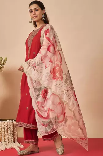 Women Ethnic Motifs Embroidered Regular Thread Work Kurta with Trousers & With Dupatta
