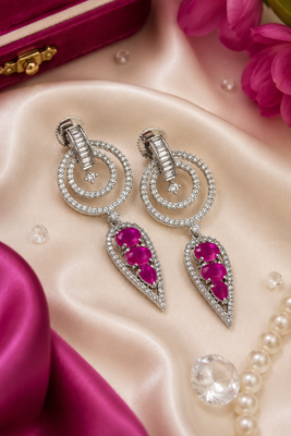 Rhodium Finish Magenta Halo Drop Earrings 2