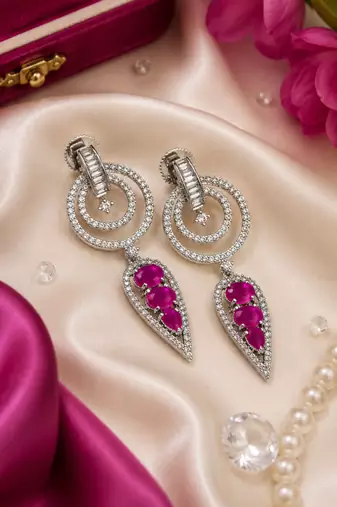 Rhodium Finish Magenta Halo Drop Earrings