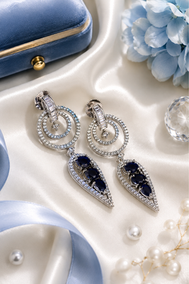 Rhodium finish sapphire halo drop earrings 2