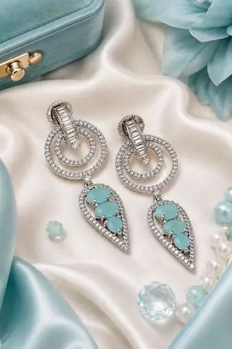 Rhodium finish mint halo drop earrings