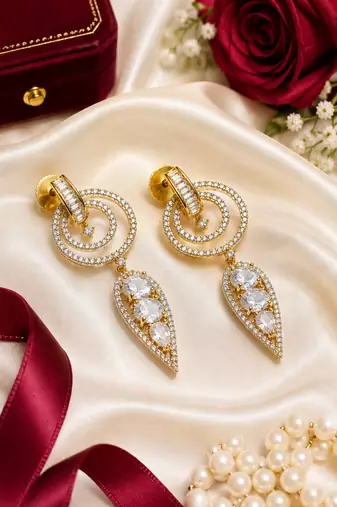 Gold finish white halo drop earrings