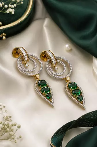 Gold finish emerald halo drop earrings