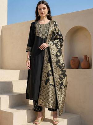 Women Ethnic Motifs Embroidered Regular Thread Work Kurta with Trousers & With Dupatta 1