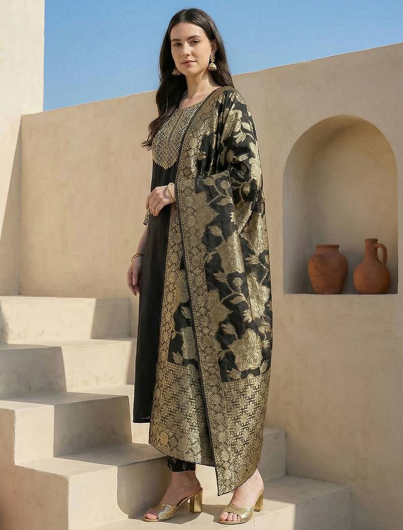 Women Ethnic Motifs Embroidered Regular Thread Work Kurta with Trousers & With Dupatta
