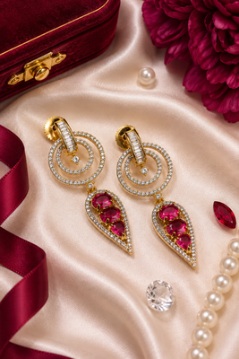 Gold finish ruby halo drop earrings 2