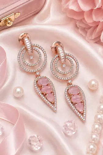 Rose gold finish blush pink halo drop earrings