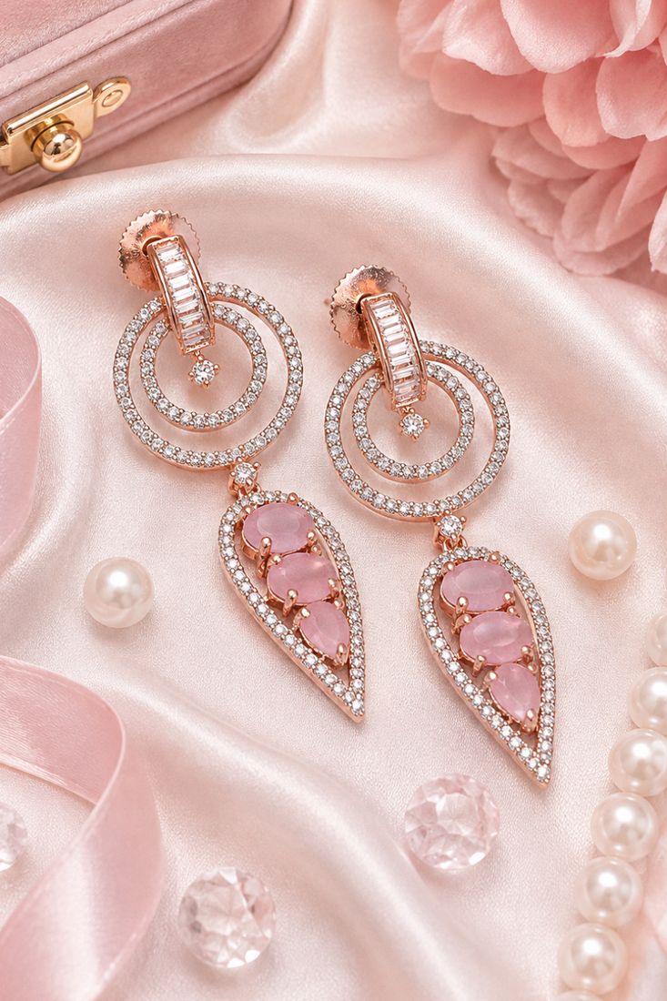 Rose gold finish blush pink halo drop earrings