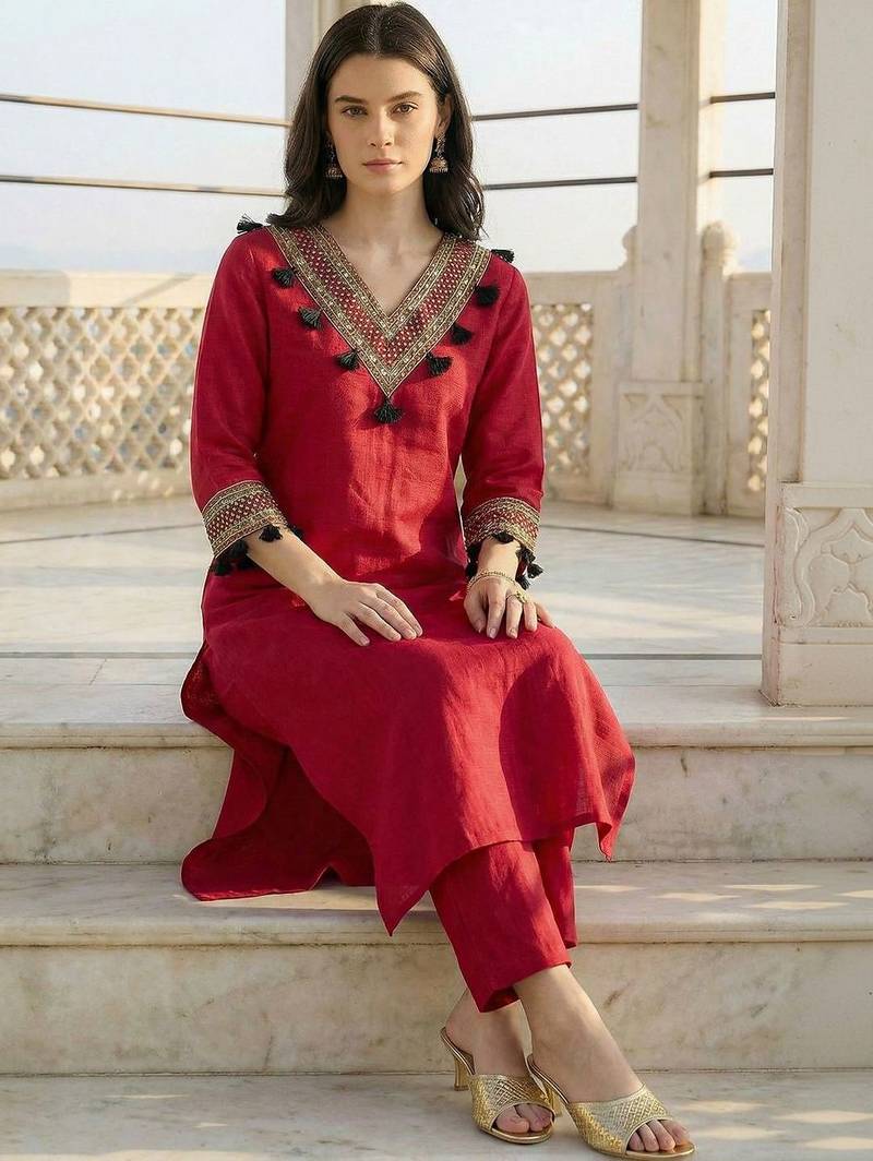 Women Ethnic Motifs Embroidered Regular Thread Work Kurta with Trousers