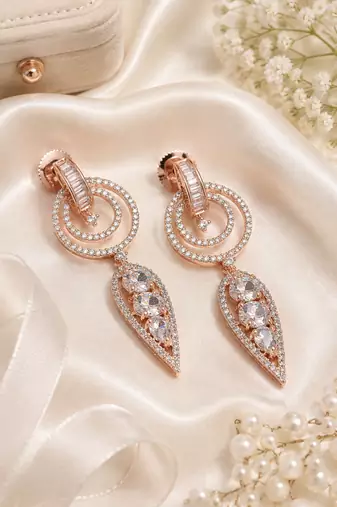 Rose gold finish white halo drop earrings