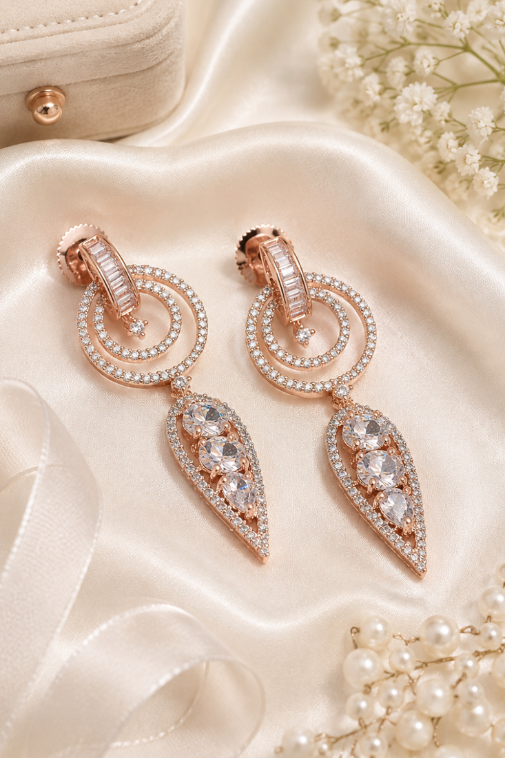 Rose gold finish white halo drop earrings