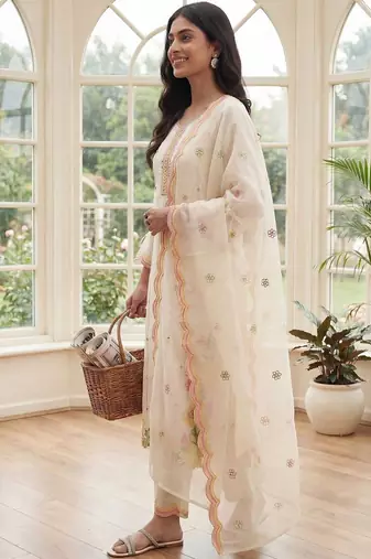 Women Floral Embroidered Regular Thread Work Kurta with Trousers & With Dupatta