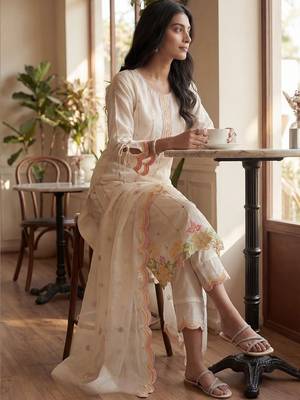 Women Floral Embroidered Regular Thread Work Kurta with Trousers & With Dupatta 5