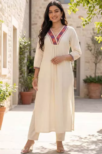 Women Ethnic Motifs Embroidered Regular Thread Work Liva Kurta with Trousers