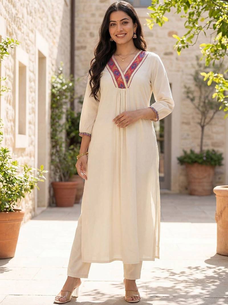 Women Ethnic Motifs Embroidered Regular Thread Work Liva Kurta with Trousers