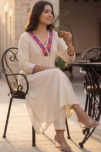 Women Ethnic Motifs Embroidered Regular Thread Work Liva Kurta with Trousers