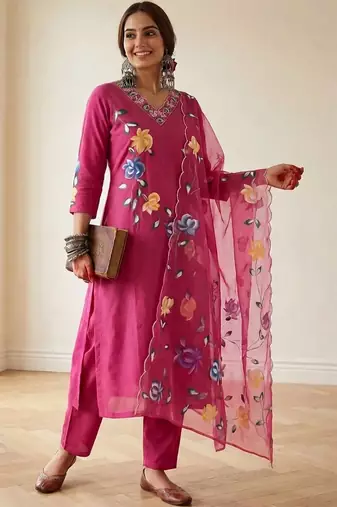 Women Floral Printed Regular Pure Cotton Kurta with Trousers & With Dupatta