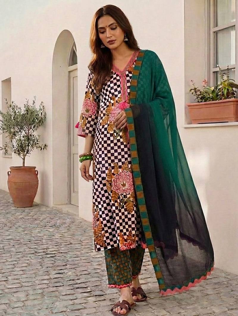Women Floral Printed Regular Thread Work Pure Cotton Kurta with Trousers & With Dupatta