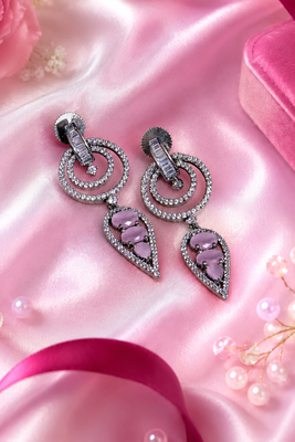 Black silver finish blush pink halo drop earrings 1