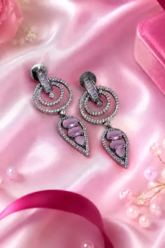 Black silver finish blush pink halo drop earrings