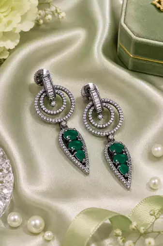 Black silver finish green halo drop earrings