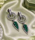 Black silver finish green halo drop earrings
