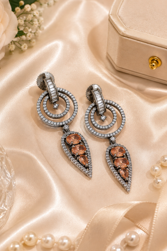 Black silver finish champagne halo drop earrings