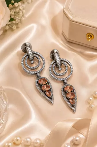 Black silver finish champagne halo drop earrings