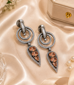 Black silver finish champagne halo drop earrings