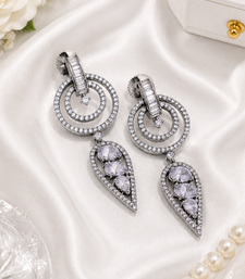 Black silver finish white halo drop earrings