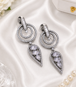 Black silver finish white halo drop earrings