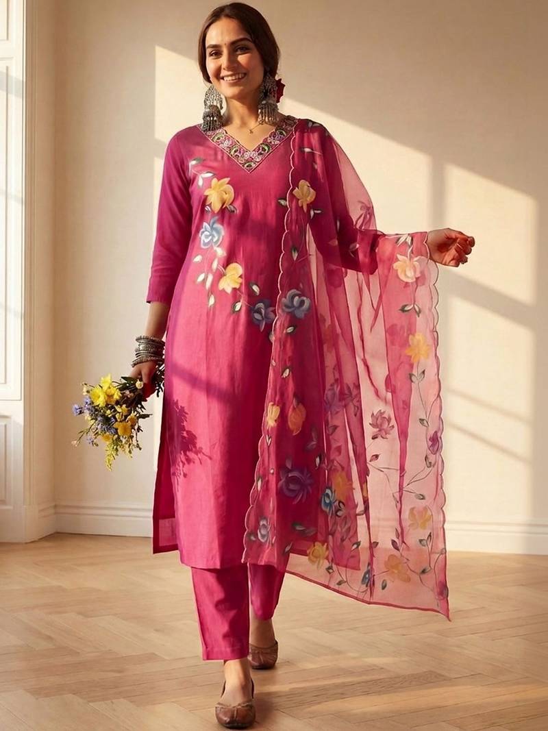 Women Floral Printed Regular Thread Work Pure Cotton Kurta with Trousers & With Dupatta