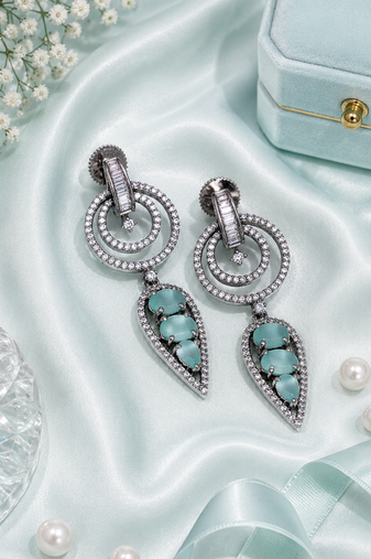 Black silver finish mint halo drop earrings