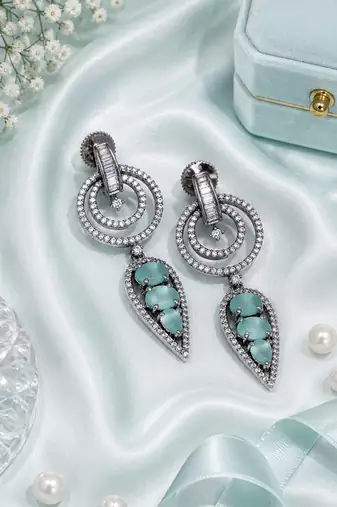 Black silver finish mint halo drop earrings