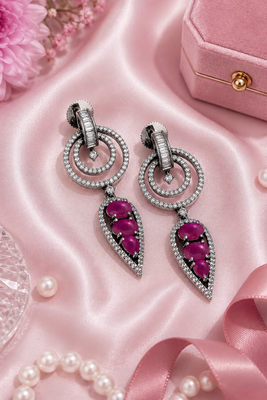 Black silver finish magenta halo drop earrings 1