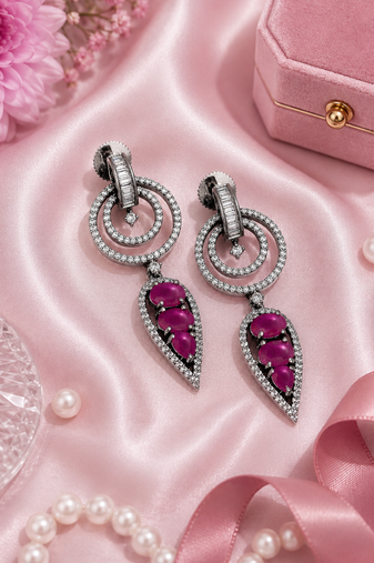 Black silver finish magenta halo drop earrings