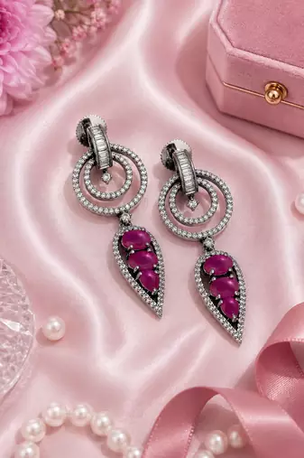 Black silver finish magenta halo drop earrings
