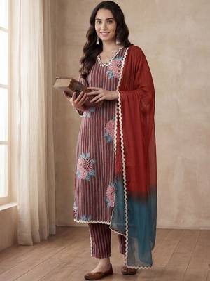 Women Striped Regular Thread Work Pure Cotton Kurta with Trousers & With Dupatta 1