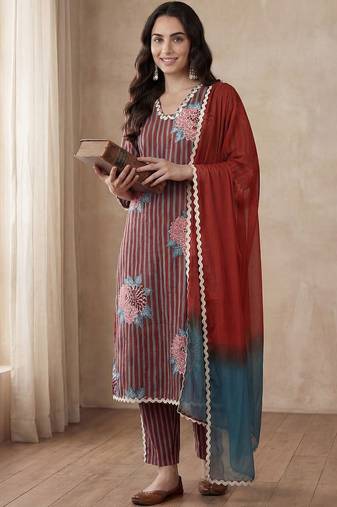 Women Striped Regular Thread Work  Cotton Kurta with Trousers & With Dupatta