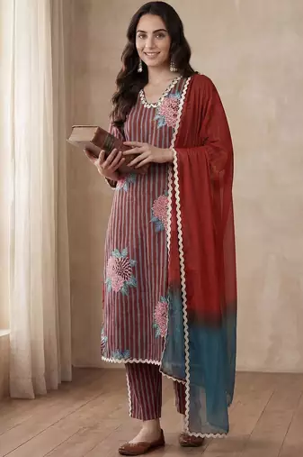 Women Striped Regular Thread Work Pure Cotton Kurta with Trousers & With Dupatta