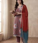 Women Striped Regular Thread Work Pure Cotton Kurta with Trousers & With Dupatta
