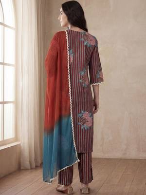 Women Striped Regular Thread Work Pure Cotton Kurta with Trousers & With Dupatta 2